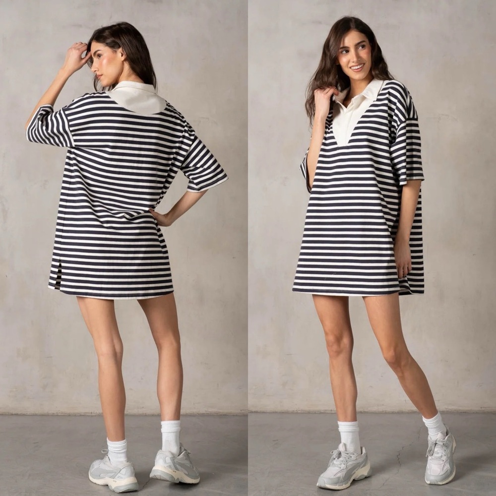 YARN-DYE STRIPE SS COLLARED HALF BTN-UP BOXY DRESS